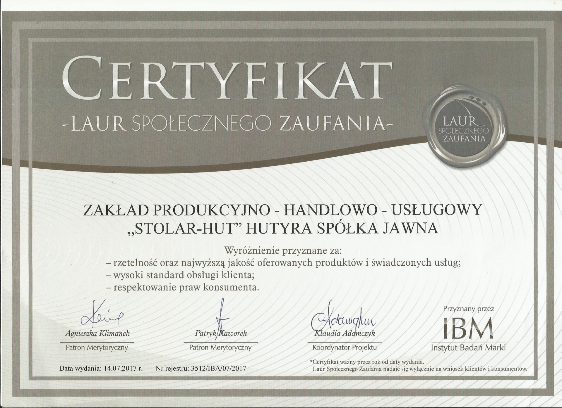 STOLAR-HUT laur społecznego zaufania